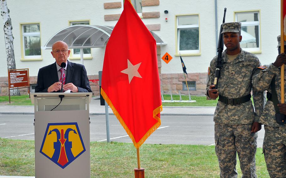 Retired Army Gen. Gordon Sullivan speaks at a ceremony April 17, 2015, at Daenner Kaserne in Kaiserslautern, Germany, to name the 7th Civil Support Command headquarters building after his longtime friend, Brig. Gen. Richard J. Dirgins. Dirgins led the 7th U.S. Army Reserve Command - the 7th CSC's predecessor in Europe - for more than six years. Dirgins died in 1995.