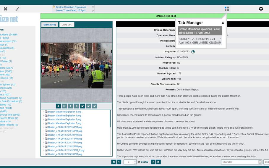 This screenshot from Dfuze maker Intelligent Software Solutions shows how tabs of information are organized in the program that allows bomb investigators to upload, transmit and correlate data in the quest to solve blasts, such as the Boston Marathon explosions shown here.