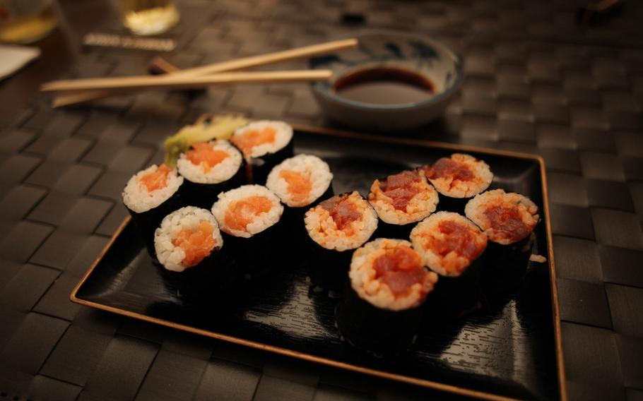 Ayame in Kaiserslautern offers some unusually good eating, including this salmon sushi, left, and spicy tuna hosomaki sushi.