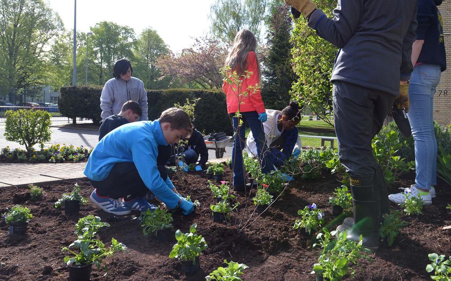 Wiesbaden Middle School students plant flowers in a bed in front of the school Wednesday, April 29, 2015. The school is one of two Department of Defense Education Activity schools to be named a Green Ribbon School this year.This is the first year any DODEA school has been recognized with the green ribbon since the initiative was launched in 2011.