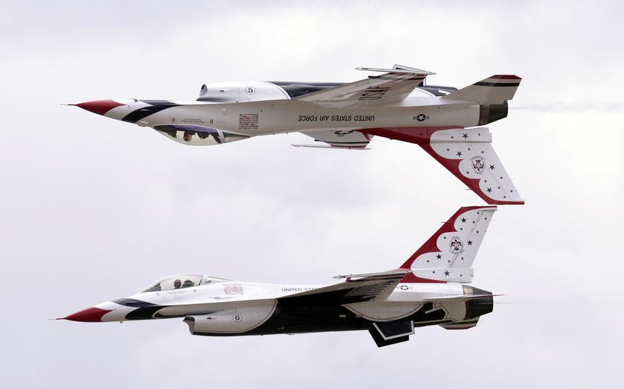 The U.S. Air Force Thunderbirds perform an airshow after the U.S. Air Force Academy Class of 2015 graduated and were commissioned second lieutenants in the Academy's Falcon Stadium in Colorado Springs, Colo., May 28, 2015.