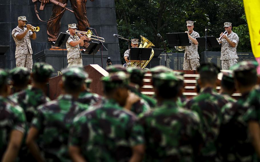 Members of the U.S. Marine Corps Forces, Pacific Band, perform for Indonesian Marines, on June 3, 2015, in Jakarta, Indonesia.