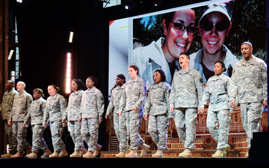 Servicmembers, veterans and members of the community gather for the 2015 U.S. Army Soldier Show "We Serve" at Lebanon Valley College's Sorrentino Gymnasium, in Annville, Pa., on May 28, 2015.