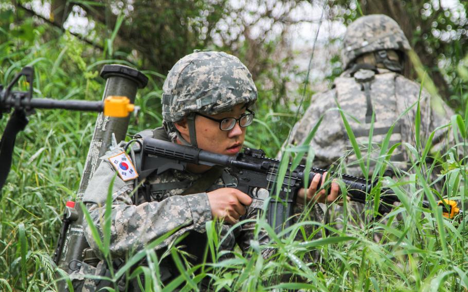A 2nd Combat Aviation Brigade soldier pulls security June 5, 2015, at the TTA TOM training area, in the Republic of Korea.