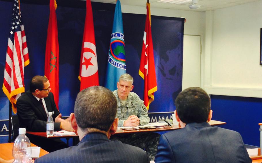 U.S. Africa Command's Gen. David Rodriguez talks with reporters at his Kelley Barracks headquarters in Stuttgart, Germany, Friday, June 12, 2015. A group of reporters from Tunisia and Morocco was in Stuttgart to learn about AFRICOM. Many questions focused on Libya and the threat the Islamic State poses to the region.