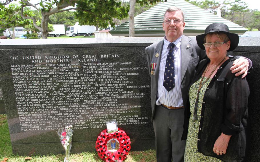 Mike Stevens, left, and twin sister Marjorie traveled all the way from England for Tuesday's annual Irei no Hi ceremony at Okinawa Peace Memorial Park commemorating the 70th anniversary of the pivotal World War II Battle of Okinawa. Mike wears his father's medals earned during the war. Samual Stevens served as a British sailor on the HMS Indefatigable. He died of cancer several years after the war. His children believe it was due to being ordered to Nagasaki shortly after the atomic bomb was dropped. The Stevens clan said they wanted to call attention to all the U.K. servicemembers who served and gave their lives in the battle, because they are often overlooked. 