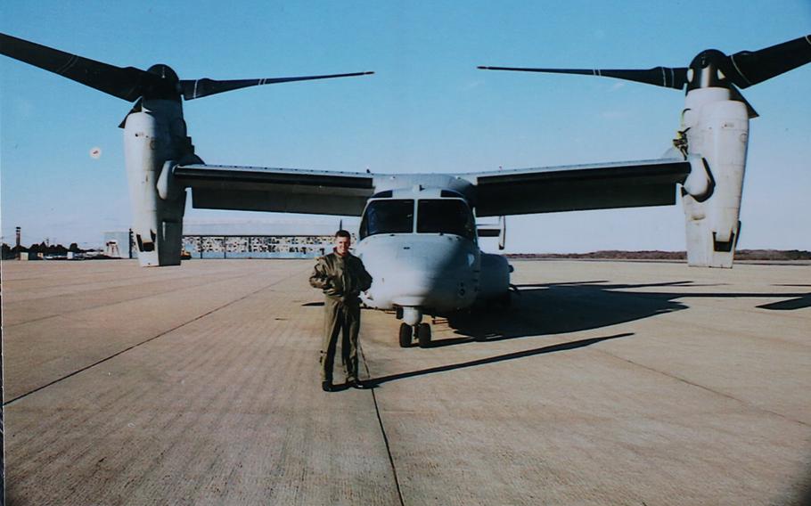 Maj. Brooks Gruber at Naval Air Base Patuxent River in Maryland, where he earned a spot on a competitive program to be one of the first crews to fly the Osprey.
