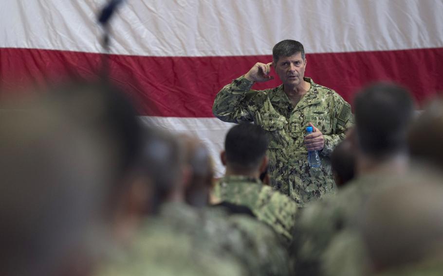 Chief of Naval Personnel Vice Adm. Bill Moran discusses important changes, including general military training, My Navy Portal, physical fitness assessment and other topics during an all-hands call at Naval Support Activity Bahrain on Wednesday, Sept. 9, 2015.