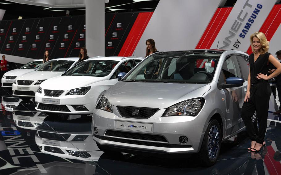 A row of different Seat models on display at the International Motor Show that all offer Internet connectivity. Internet connectivity for communication, navigation and more is a big subject at this year's auto show in Frankfurt, Germany.