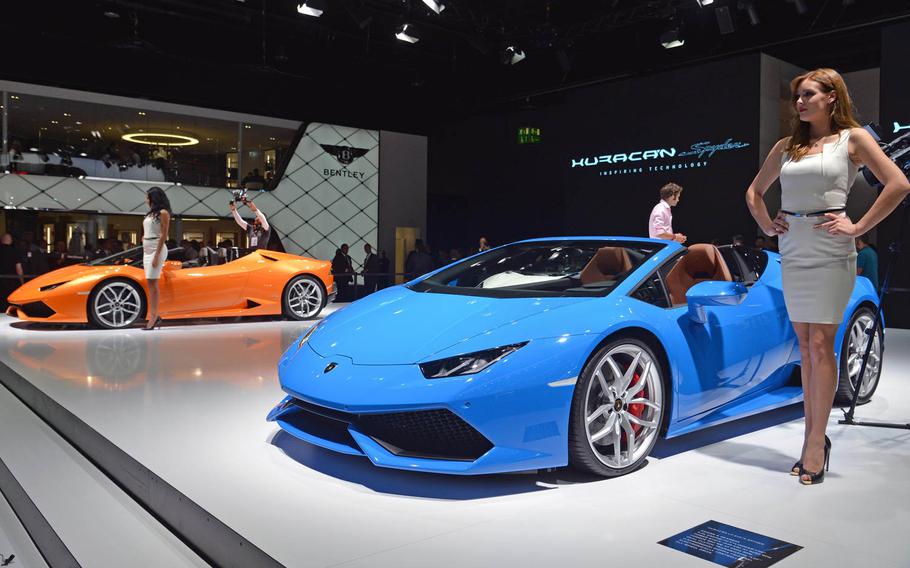 Two Lamborghini Huracans were popular items at the International Motor Show in Frankfurt, Germany.