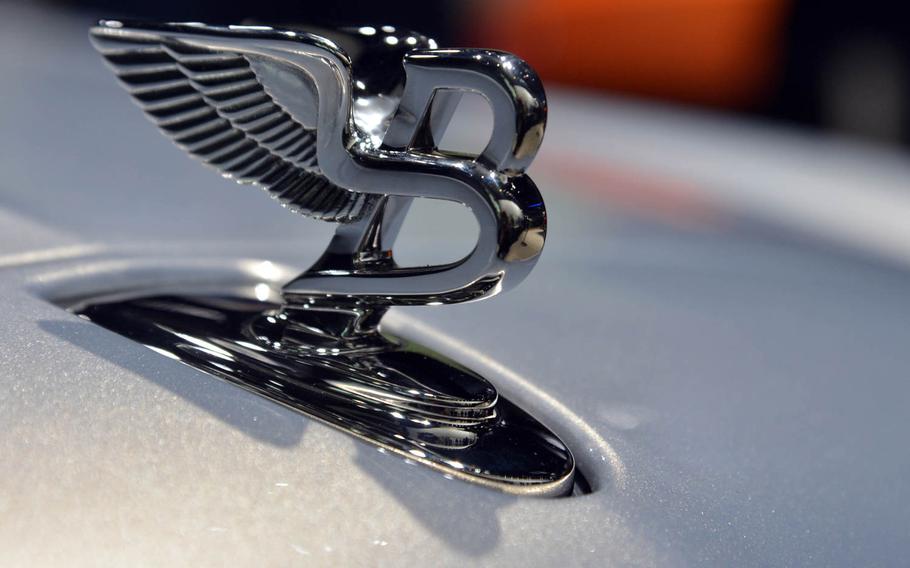 The flying B hood ornament of Bentley at the International Motor Show in Frankfurt, Germany. The luxury car company had a variety of models on display.