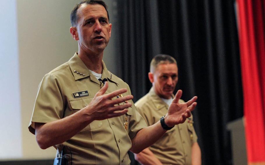 Sailors can expect to spend shorter times at sea and see more ships forward deployed to the Pacific, said Adm. John Richardson, the U.S. Navy's new chief of naval operations, during an all-hands briefing Thursday, Oct. 15, 2015, at Yokosuka Naval Base, Japan.