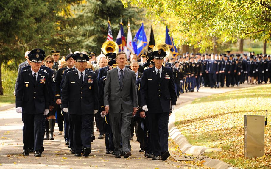Key leaders lead the procession of servicemembers during the funeral for retired Maj. Gen. John L. France Monday, Oct. 26, 2015, at Fort Logan National Cemetery in Denver. France was a member of the Minute Men, the first and only federally recognized aerial demonstration team in the history of the Air National Guard.