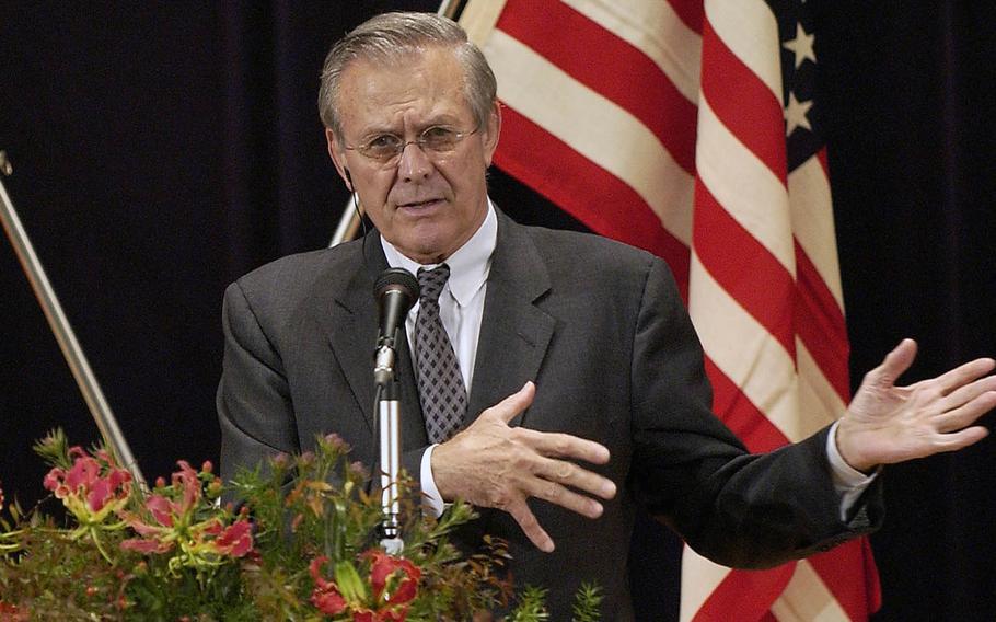 U.S. Secretary of Defense Donald Rumsfeld speaks Nov. 15, 2003, at the Japanese Defense Agency in Tokyo. Rumsfeld, who served as defense secretary from 1975-77 under President Gerald Ford and from 2001-06 under President George W. Bush, will receive the Grand Cordon of the Order of the Rising Sun Thursday, Nov. 5, 2015, at the Imperial Palace in Tokyo.
