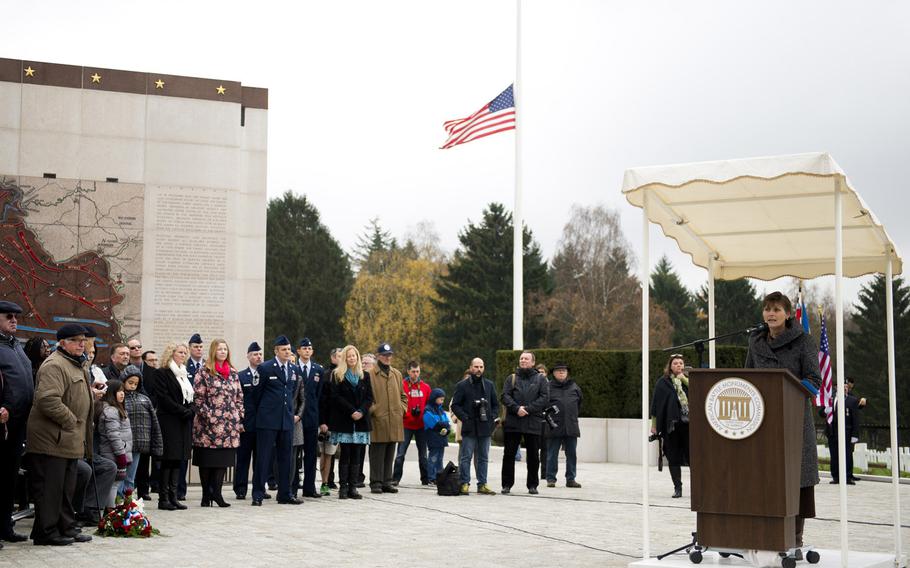 Allison Shorter-Lawrence, Deputy Chief of Mission to the U.S. Embassy, Luxembourg, speaks during a Veterans Day ceremony at the Luxembourg American Cemetery, Luxembourg, on Wednesday, Nov. 11, 2015.