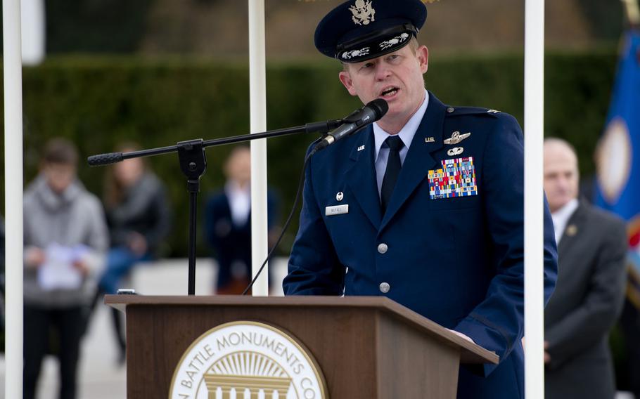 Col. Joseph McFall, 52nd Fighter Wing commander, speaks during a a Veterans Day ceremony at the Luxembourg American Cemetery, Luxembourg, on Wednesday, Nov. 11, 2015. The 52nd Fighter Wing is stationed at Spangdahlem Air Base, Germany.