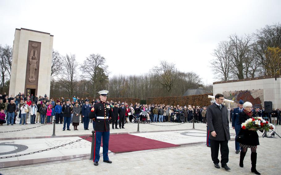 Helen Patton, Gen. George S. Patton Jr.'s granddaughter, right, and Timothy Lone present a wreath on behalf of the Patton Foundation during a Veterans Day ceremony at the Luxembourg American Cemetery, Luxembourg, on Wednesday, Nov. 11, 2015. Gen. Patton was the Third Army commander during World War II, and is buried at the cemetery.