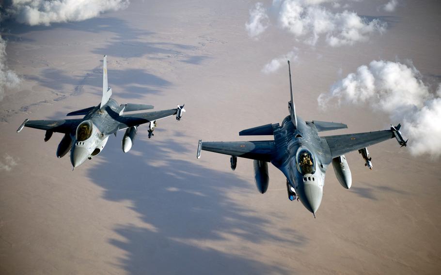 Two Belgian Air Component F-16A Falcons fly over Afghanistan after receiving fuel from a KC-10 Extender with the 908th Expeditionary Air Refueling Squadron in 2012. Belgian F-16s will take over the Baltic Air Policing mission from Germany at Amari Air Base, Estonia, while the Spanish air force will take over the mission at Siauliai Air Base, Lithuania, from Hungary on Jan. 7, 2016.