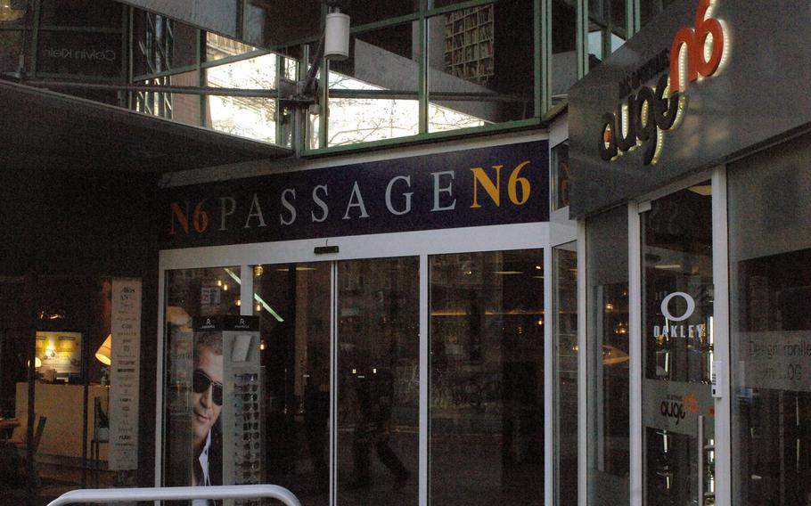 Some local businesses in Mannheim, Germany, prominently feature their address on signage and marketing materials, like these retail stores located at N6. The city center is arranged in an orderly grid of streets identified by numbers and letters.