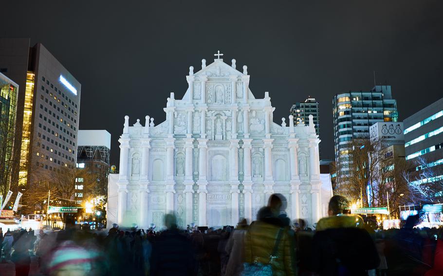 A replica of The Ruins of St. Paul's is on display at the Sapporo Snow Festival Feb. 5, 2016. The original building was part of a college and burned down in the 17th Century. Today, the facade is that remains and is a well-known landmark in Macau.