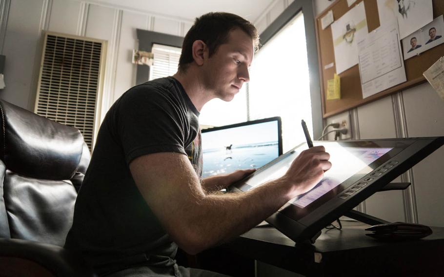 Marine veteran Maximilian Uriarte, who served in the Iraq War, works on a "Terminal Lance" comic strip. The strip has become part of the fabric of the Marine Corps through Uriarte's satirization of Marine grunt and military life.