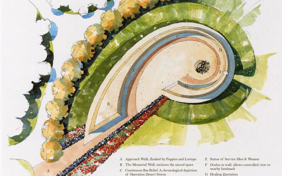 A design illustration for the National Desert Storm Veterans War Memorial, the result of a 20-month collaborative effort between the National Desert Storm War Memorial Board of Directors, veterans of the war and the design team.