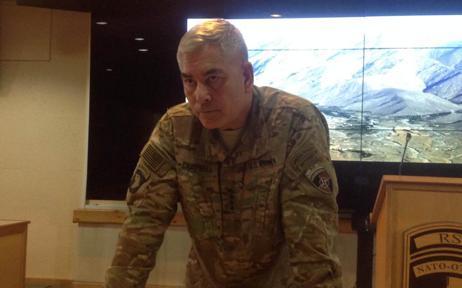 Gen. John Campbell, commander of U.S. and coalition forces in Afghanistan since 2014, listens to a reporter's question at a news conference at NATO Headquarters in Kabul on Feb. 13, 2016. Campbell said the Islamic State group in Afghanistan is resilient but less of a danger to the Afghan government than the Taliban.