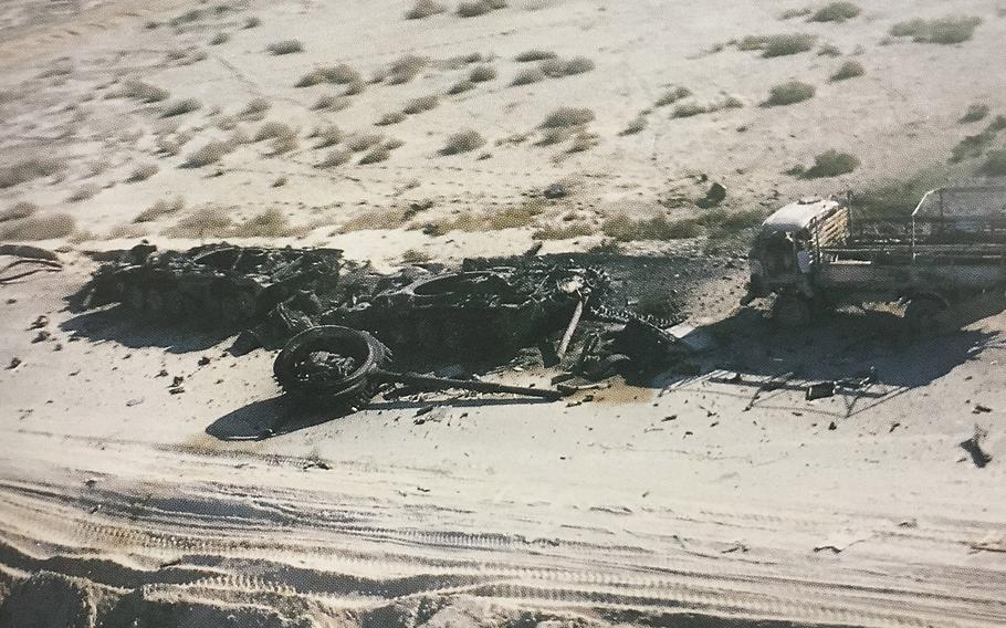 A destroyed T-72 tank is shown in this photo taken by Fred Wellman on a mission to recon the damage the day after the Rumaylah Oilfield battle.