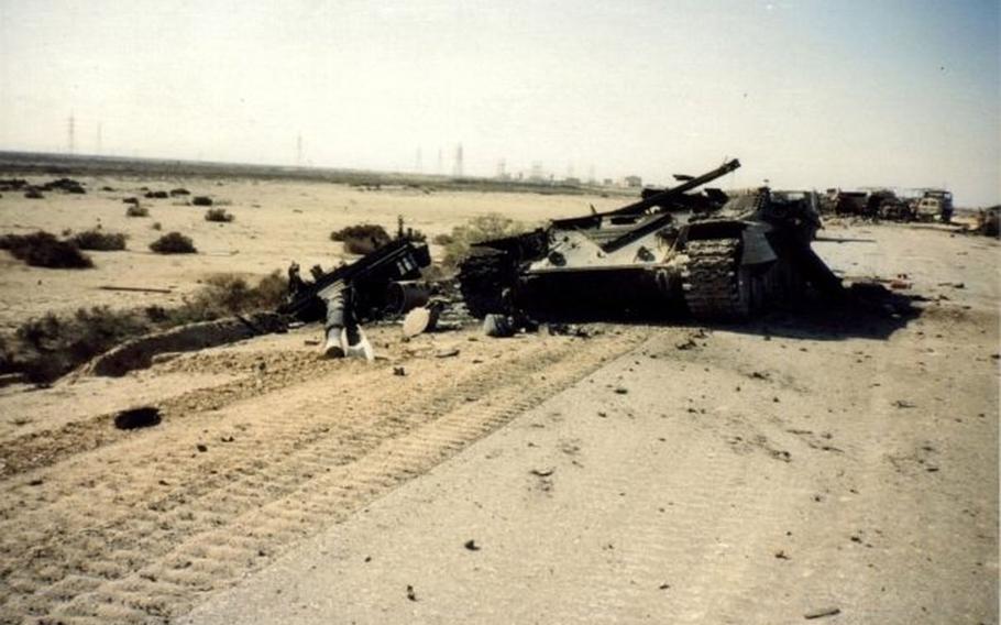 A destroyed T-72 tank is shown in this photo taken by Fred Wellman on a mission to recon the damage the day after the Rumaylah Oilfield battle.
