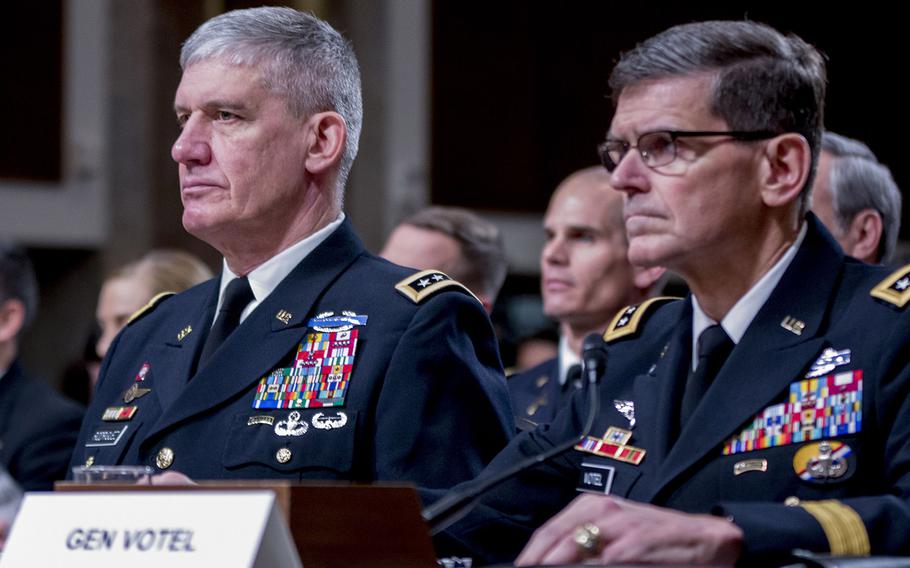 Commander of U.S. Africa Command Gen. David M. Rodriguez and Commander of U.S. Special Operations Command Gen. Joseph L. Votel testify during an Armed Services Committee hearing, March 8, 2016 on Capitol Hill.