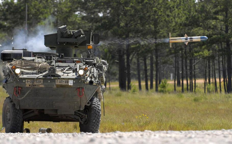 A Stryker vehicle fires a tube-launched, optically-tracked, wire-guided missile at Fort Polk, La., in 2009. The U.S. military will no longer launch TOW missiles at Rodriguez Live Fire Range, South Korea, after an investigation into a stray round at the training complex.