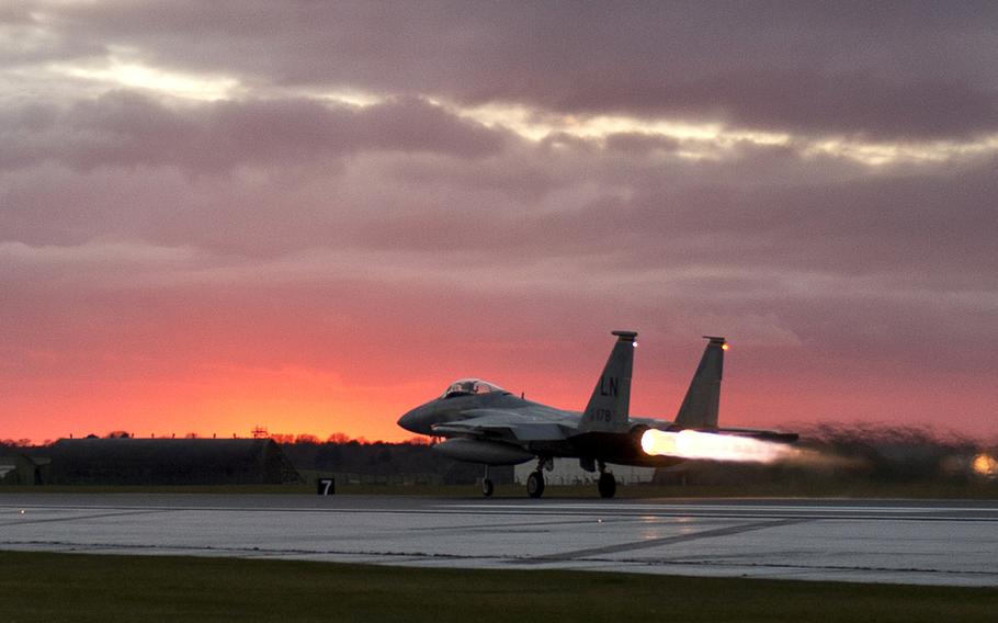 A 493rd Fighter Squadron pilot takes off in an F-15C Eagle at RAF Lakenheath, March 7, 2016.
