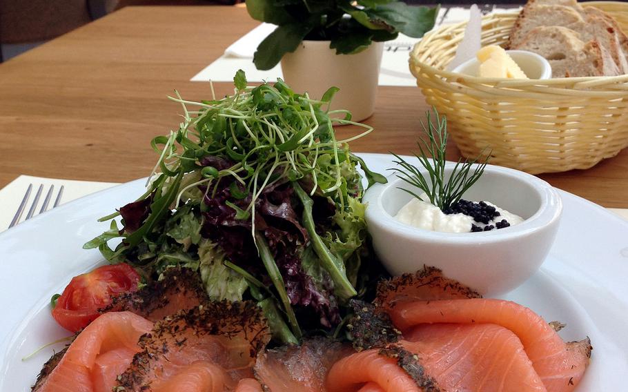 Leonhardts is a new restaurant housed at the iconic Stuttgart TV Tower. The tower, which was closed for nearly three years because of fire safety concerns, reopened in January. Leonhardts serves a full menu of main courses and salads, such as this salmon dish.