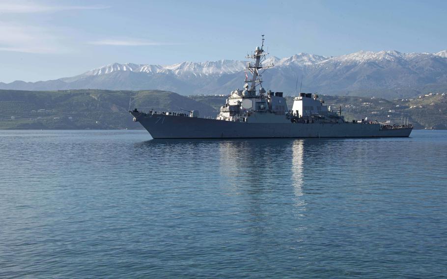 SOUDA BAY, Greece (March 6, 2016) The Arleigh Burke-class guided-missile destroyer USS Ross (DDG 71) arrives in Souda Bay, Greece, for a scheduled port visit, March 6, 2016.