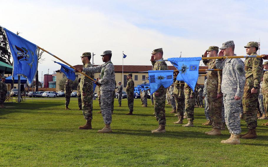 Military intelligence soldiers participate in the activation ceremony of the 207th Military Intelligence Brigade March 16, 2016, at Caserma Ederle in Vicenza, Italy. The 207th will serve as the Theater Intelligence Brigade for U.S. Africa Command and is under operational control of U.S. Army Africa.