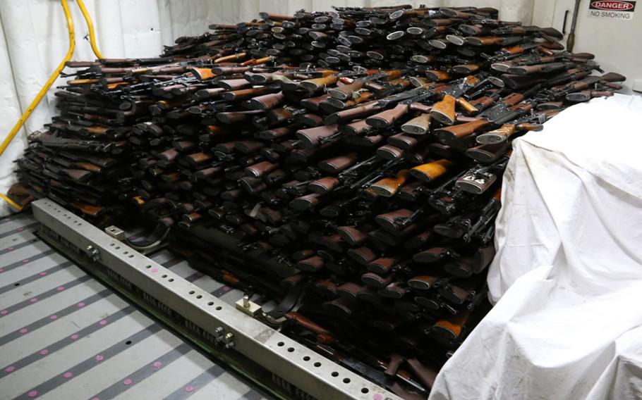 About 1,500 AK-47 assault rifles were among a cache of weapons intercepted by the coastal patrol ship USS Sirocco on March 28, 2016. The weapons, assembled on the deck of the guided-missile destroyer USS Gravely, were seized from a stateless dhow.