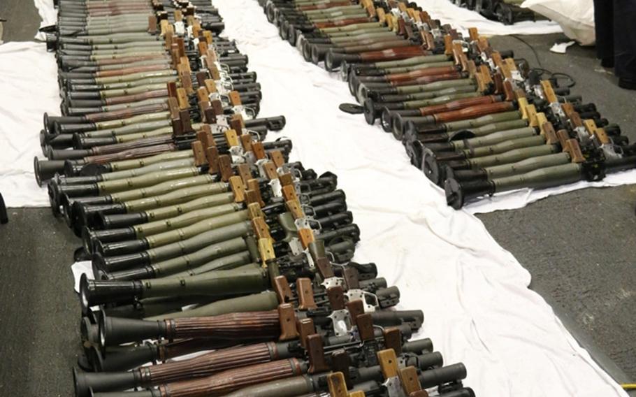 Among weapons seized from a stateless dhow in the Arabian Sea on March 28, 2016, were about 200 rocket-propelled grenade launchers. The weapons, which also included an array of machine guns, were seized by the Coastal Patrol ship USS Sirocco assisted by the guided-missile destroyer USS Gravely, where the weapons were assembled.