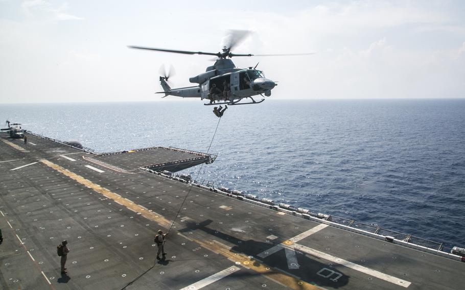 U.S. Marines with the 13th Marine Expeditionary Unit, conduct rappel training, April 1, 2016, during the MEU's western pacific deployment aboard the USS Boxer. More then 4,500 Marines and sailors from the Boxer Amphibious Ready Group, 13th MEU team entered the U.S. 5th fleet area of operations during a scheduled deployment, Tuesday, April 5, according to a U.S. Navy release.