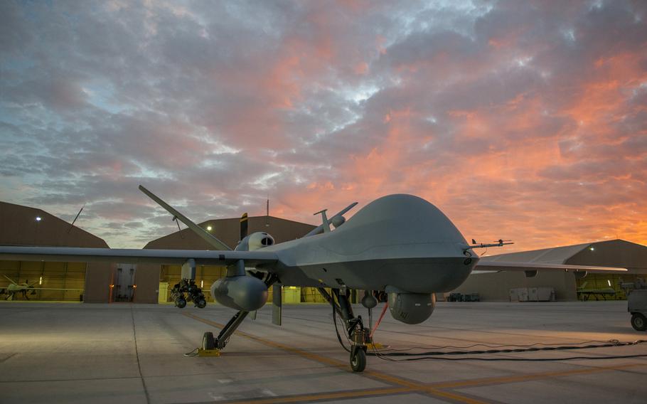 An MQ-9 Reaper from the 62nd Expeditionary Reconnaissance Squadron sits on the ramp at Kandahar Airfield, Afghanistan, Dec. 6, 2015. A German court ruled on Tuesday, April 5, 2016, against an activist who claims Ramstein is used to coordinate drone strikes overseas.