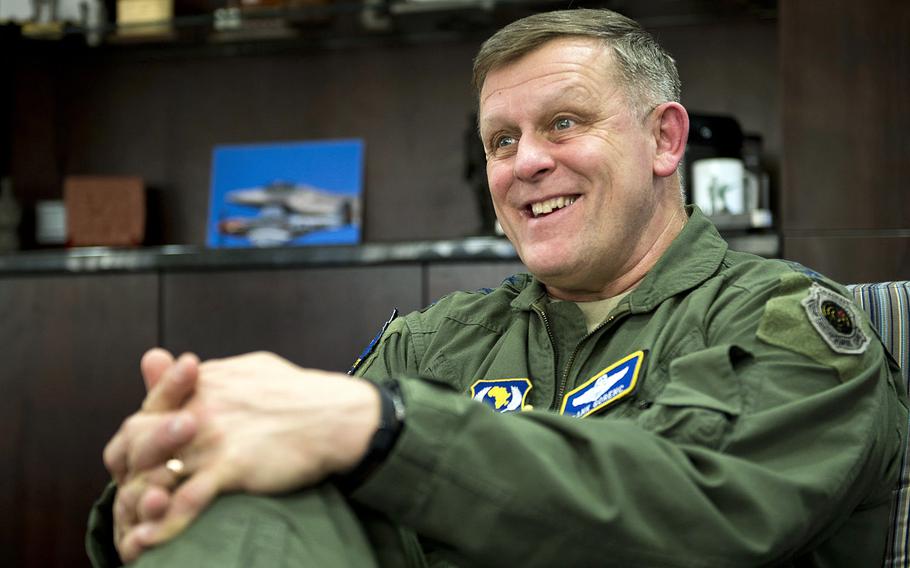 Gen. Frank Gorenc, commander of U.S. Air Forces in Europe-Air Forces Africa, answers questions Dec. 9, 2015, at Ramstein Air Base, Germany. On Tuesday, April 5, 2015, he said the Air Force will look to build up airfields in eastern Europe with the influx of money the service hopes to receive next year for its European mission.