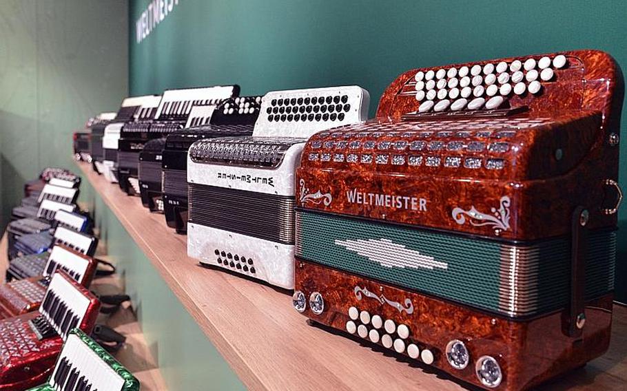 A variety of traditional accordions on display at the Weltmeister stand at the Musikmesse in Frankfurt, Germany, Thursday, April 7, 2016.