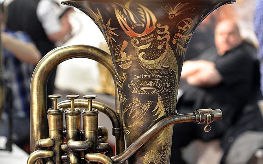A closeup of an Adams custom series euphonium at the Musikmesse in Frankfurt, Germany, Thursday, April 7, 2016. For 7,365 euros it could be yours.