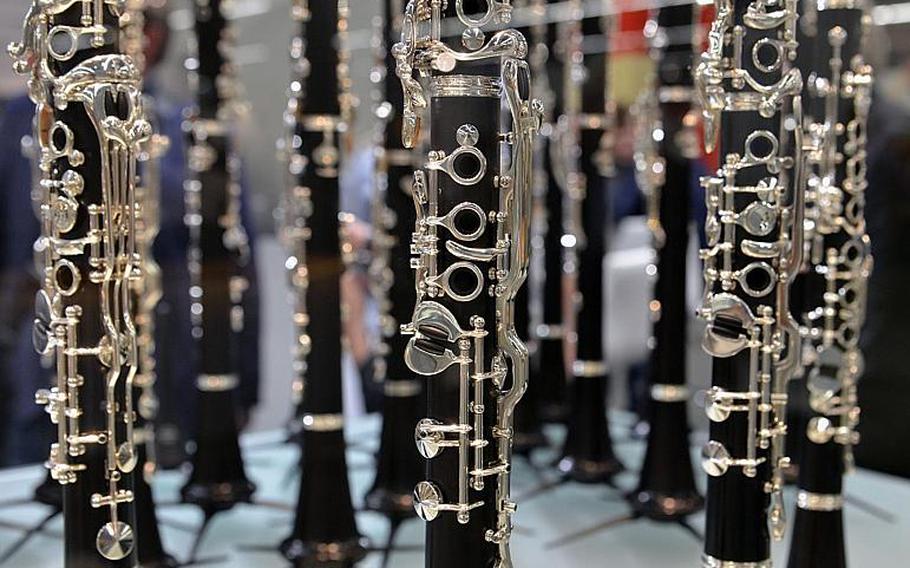 A forest of clarinets on display at the the Musikmesse in Frankfurt, Germany, Thursday, April 7, 2016.