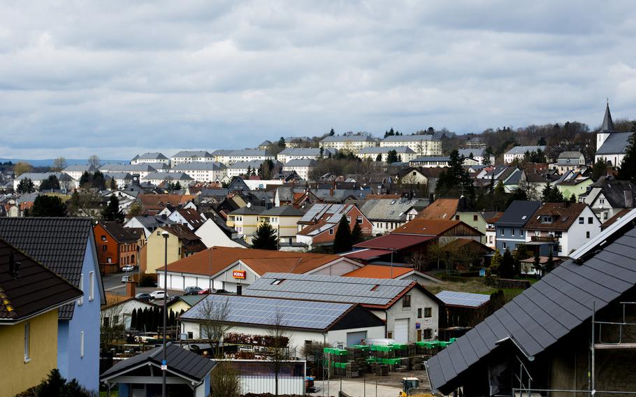 The U.S. Army Garrison Baumholder's Smith Barracks sits on the hill above Baumholder, Germany, seen here on Monday, April 4, 2016. After years of a decreased American presence at the garrison, steadily increasing troop numbers have led to several upgrade projects at the post.