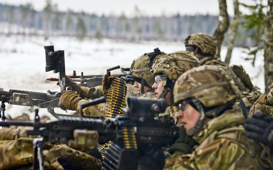 Iron Troop soldiers with 3rd Squadron, 2nd Cavalry Regiment, stationed out of Vilseck, Germany, suppress the enemy with an assault attack during a live fire exercise at Tapa Training Area in Estonia, March 12, 2016. Exercises in support of Operation Atlantic Resolve are regularly scheduled by the 4th Infantry Division Mission Command Element currently based in Baumholder, Germany.
