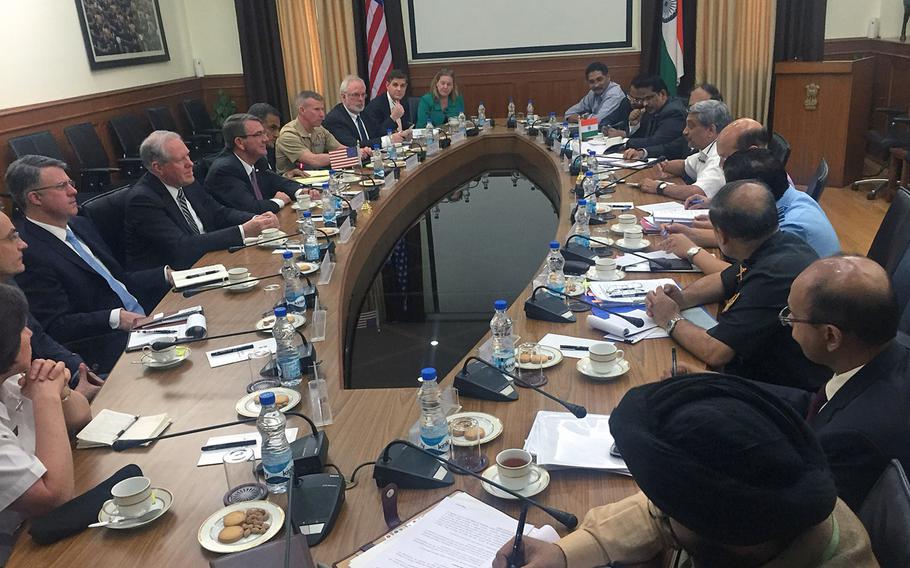 Secretary of Defense Ash Carter And Indian Defense Minister Manohar Parrikar and their staffs met Tuesday, April 12, 2016, in New Delhi, India, to discuss details of technology sharing and base sharing agreements the two sides have worked on for the last 10 years. The two sides said they "agreed in principal" to assist each other in logistical support.