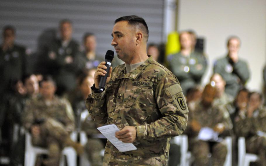 Col. Greg Anderson, commander of the 173rd Airborne Brigade, speaks during a rehearsal briefing for an event that is part of the Saber Junction exercise at Aviano Air Base, Italy, on Saturday, April 9, 2016.