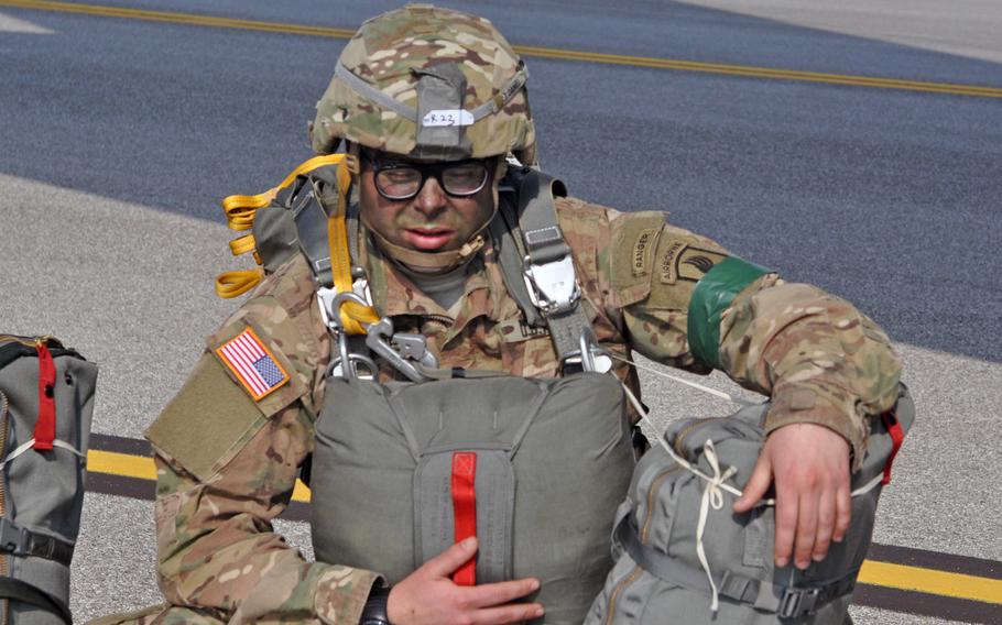 Soldiers from the 173rd Airborne Brigade had their games faces on before a jump into Hohenfels, Germany, on Monday, April 11, 2016, as part of exercise Saber Junction.