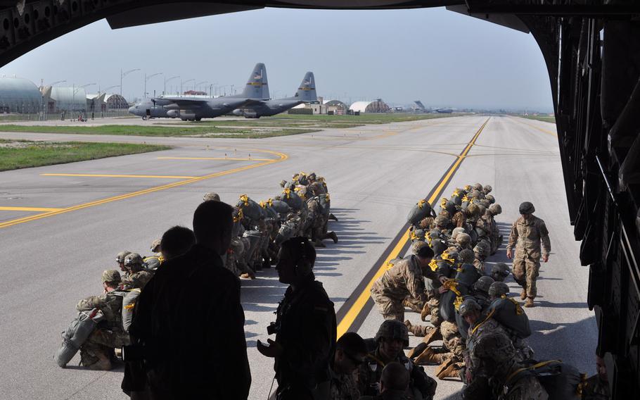 The runway at Aviano Air Base saw a lot of action on Monday, April 11, 2016, with soldiers from the 173rd Airborne Brigade and their equipment boarding more than a dozen cargo planes en route to a jump into Hohenfels, as part of exercise Saber Junction.