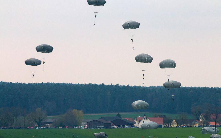 During a U.S. military air assault exercise as part of the U.S. Army Europe-led Saber Junction 16, paratroopers jumped into fields around the German village of Hoechensee on Tuesday, April 12, 2016. Normally, such an exercise would take place on an American military installation.